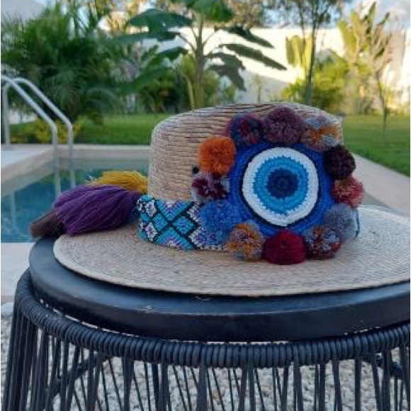 Nu Shuz Key West Accessories - Vibrant Fun In the Sun Multicolor Pom Pom Evil Eye Protection Sunhat Beach Hat